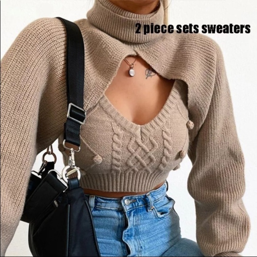 2 piece set winter turtleneck crop sweaters vest backless‎ knitted new ju…